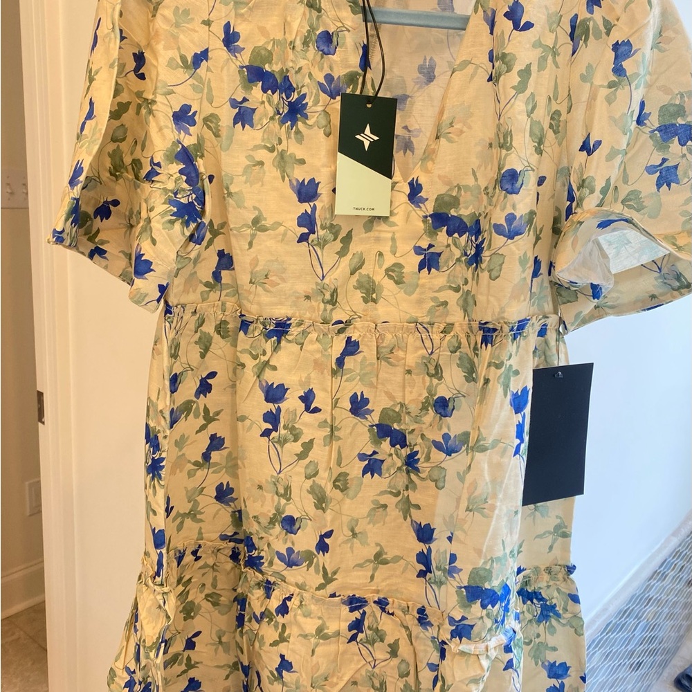 Tuckernuck Beige Midi Dress with Blue Floral Print